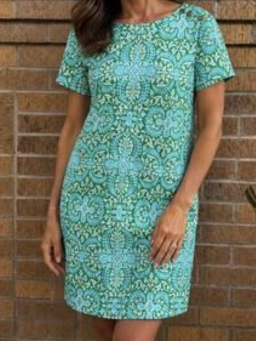 Talbots Effortless Jersey Shift Dress In Turquoise & Green Damask Print Size 1X